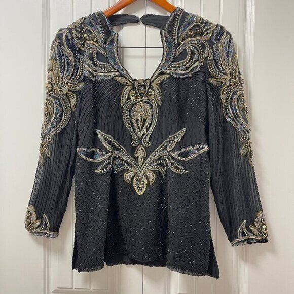 Vintage Tan-Chho Beaded Sequin Pure Silk Top Black Gold – M - Picture 2 of 15